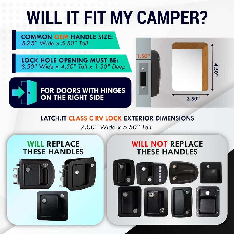 LATCH.IT RV Door Lock Replacement | Class C Camper Door Latch Fits 3.50" x 4.50" Lock Holes | 100% Metal RV Door Latch Replacement | RV Latch | Camper Door Locks with 2 High-Security Keys Included - Image 2